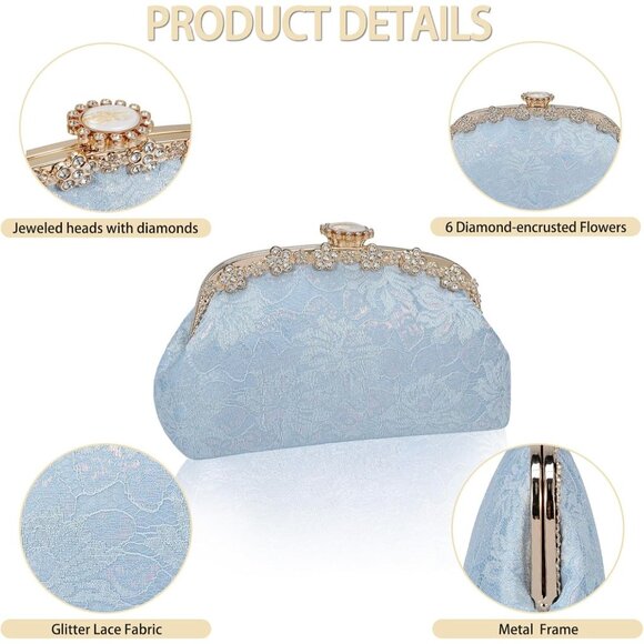 ⚡ Women's Light Blue Fabric Lace Pearl Chain Rhinestones Shoulder Clutch Bag - Picture 4 of 9